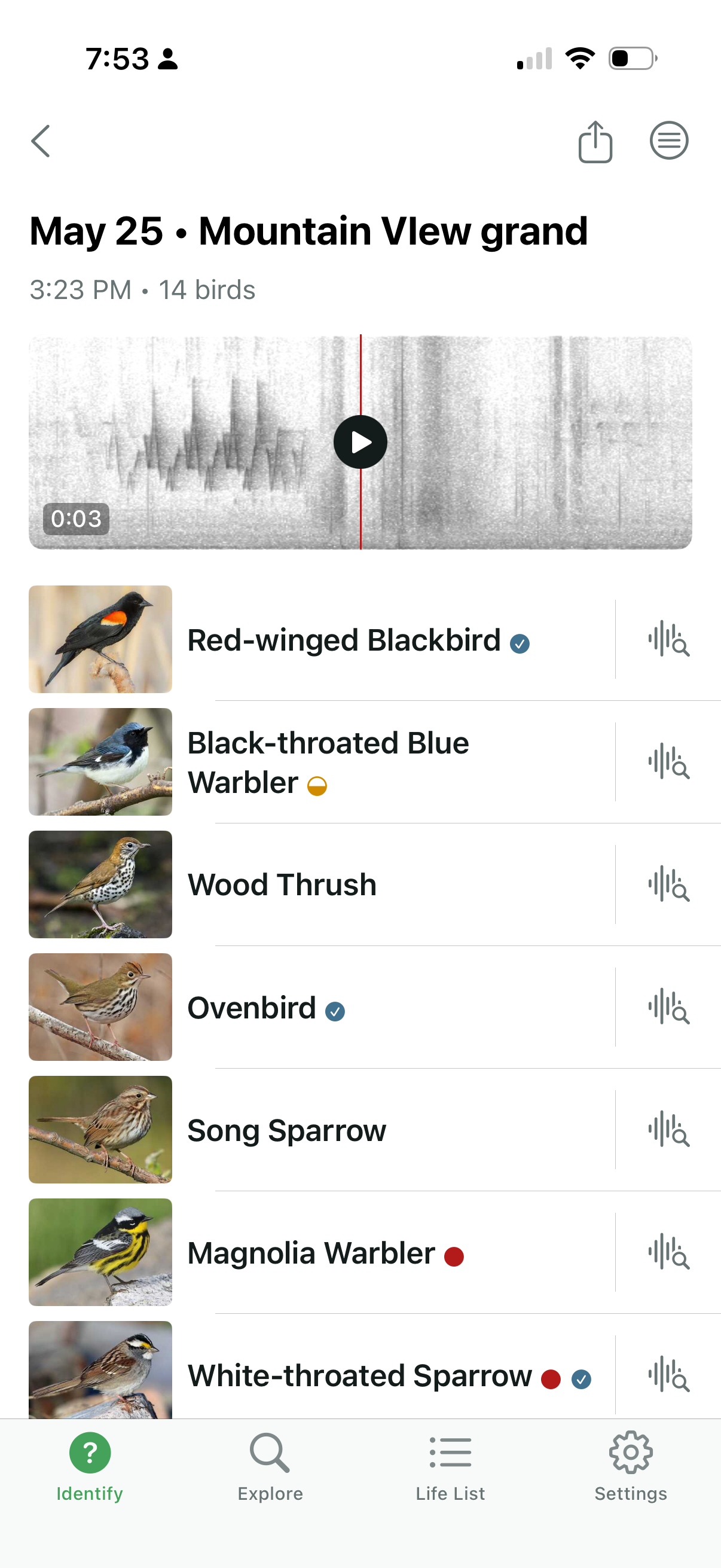 Merlin Bird ID app screen listing the backyard bird species most likely in my area